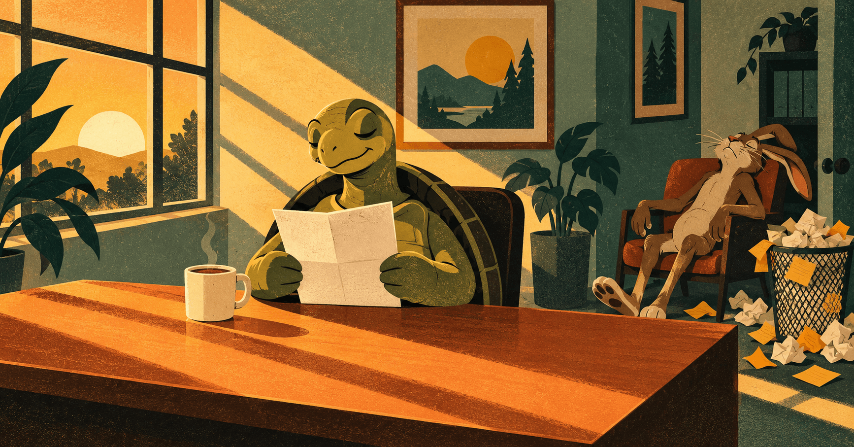 The tortoise reads one morning brief over coffee while the hare sleeps beside a wastebasket of sticky notes. Illustration made with ChatGPT (gpt-image-2.5-flare).