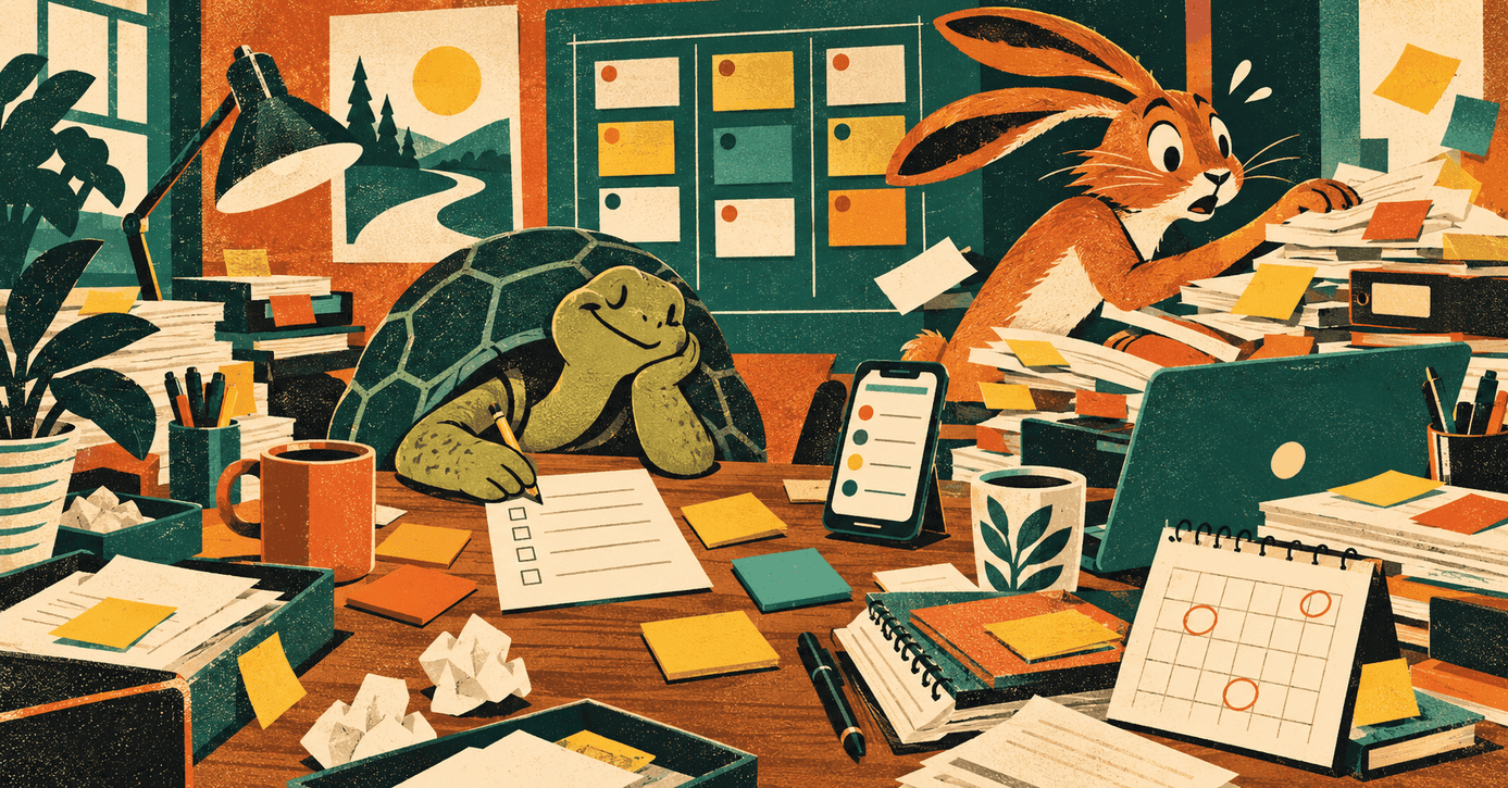 The tortoise works down one short checklist while the hare drowns in sticky notes, boards, apps and calendars. Illustration made with ChatGPT (gpt-image-2.5-flare).